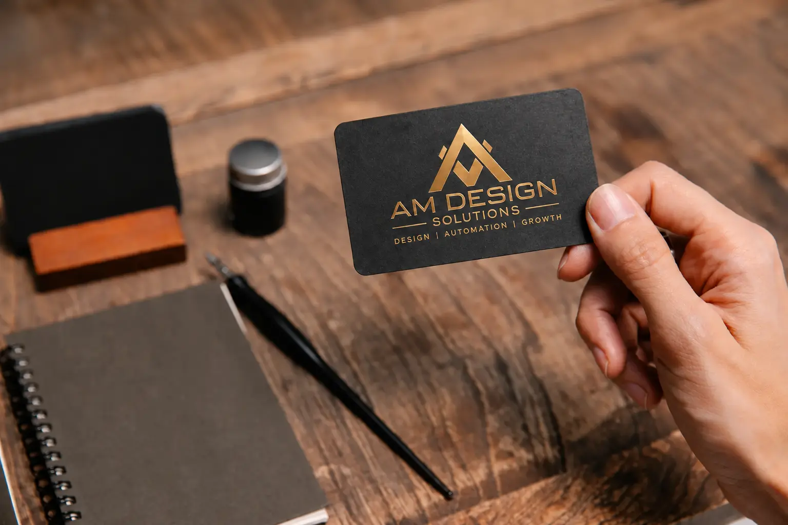 AM Design Solutions logo displayed on a premium black business card