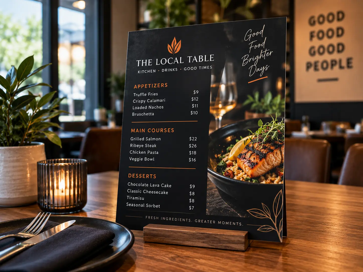 Concept restaurant menu displayed upright on a dining table
